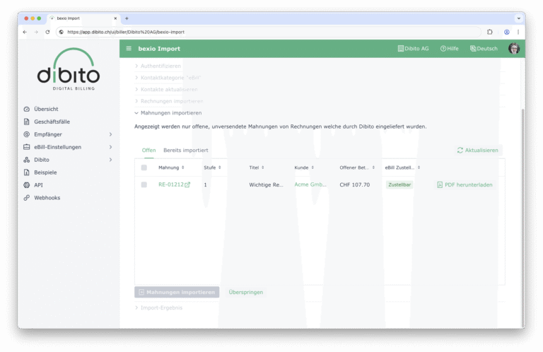 Neu: Mahnungen aus bexio via Dibito versenden